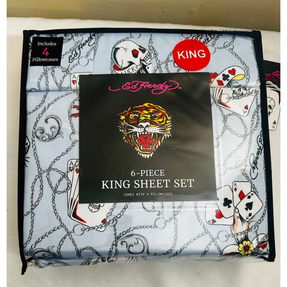 Ed Hardy King Sheet Set 6 Pc Skull Cards Dice Tattoo Bedding New Y2K Home Decor
